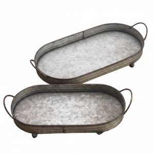 Ensemble de 2 plateaux de service ovales en métal galvanisé style ferme, décoratifs, en zinc avec accents et poignées en cuivre pour la décoration intérieure - Product Image 2