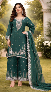 Women's <b>Emerald</b> <b>Green</b> Embroidered Rayon <b>Suit</b> With Dupatta Loose Fit Midi Traditional Indian Pakistani Outfit - Product Image 1