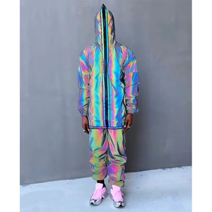Rainbow Holographic Tracksuit Full <b>Zip</b> <b>Hooded</b> Lightweight Polyester Streetwear Summer Casual Outfit With Side Pockets - Product Image 1
