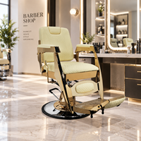 Fauteuil de Barbier Hydraulique de Luxe Crème avec Cadre Doré, Inclinable, avec Repose-Pieds pour Salon de Coiffure Professionnel