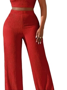 Nouvel ensemble décontracté tricoté : Haut uni respirant à manches courtes et pantalon ample à jambes larges pour le streetwear - Product Image 2