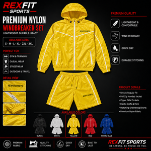 REXFIT SPORTS 2026 Ensemble coupe-vent unisexe personnalisé en nylon jaune 2 pièces : veste à capuche zippée et short – Vêtements de sport à marque privée - Product Image 1