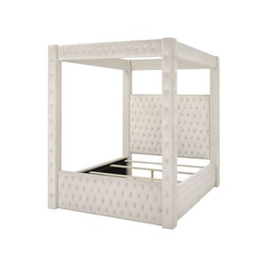 Maestoso letto matrimoniale moderno a baldacchino con testiera a ciuffo pedana 1 pezzo in tessuto ricco di velluto avorio su-fondina per camera da letto - Product Image 4