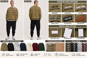 Sweat-shirt kaki pour homme avec poches utilitaires – Col rond, manches longues, style streetwear décontracté, en molleton bouclette - Product Image 4