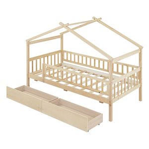 Letto a casetta in legno per bambini, singolo, con due cassetti, colore naturale - Product Image 3