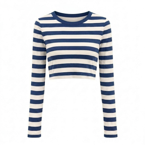 Camiseta corta de manga larga para mujer, beige con rayas blancas, de secado rápido, ligera, de algodón, a la moda, para verano, al por mayor y personalizada. - Product Image 1