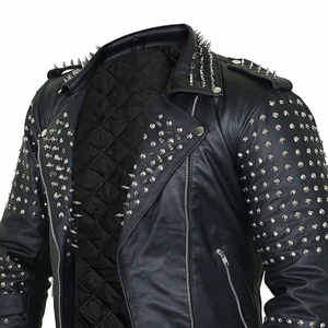 Veste en cuir personnalisée pour homme, veste bomber en cuir élégante avec fermeture éclair, broderie et strass, vestes en cuir décontractées pour homme - Product Image 3