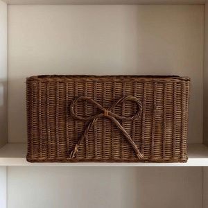 [Handmade] Dark Brown Woven Rattan <b>Basket</b> with Bow Detail - <b>Rectangular</b> <b>Storage</b> Bin for Home Decor - Product Image 6