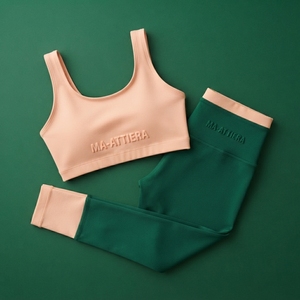 Conjunto Deportivo para Mujer, Color Verde Durazno, Bra Deportivo con Contraste, Leggings de Cintura Alta, para Yoga, Gimnasio, Fitness, Ropa Deportiva - Product Image 6