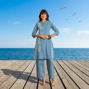 Blue <b>Linen</b> Embroidered Kurta <b>Set</b> Turn-down Collar Three Quarter Sleeve Loose Fit Midi Dress Casual Pants Summer Wear - Product Image 5