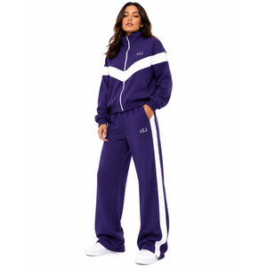 High Neck Zip Jacket <b>Two</b> <b>Piece</b> Athleisure <b>Set</b> Wide Leg <b>Lounge</b> Pants OEM Elastic Cuff and Hem Hoodies Color Block Panel Tracksuit - Product Image 1