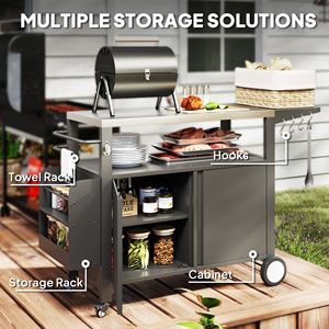 Tavolo Forno Pizza Mobile con Piano in Acciaio Inossidabile, Carrello Grill da Esterno con Tavolino Laterale Pieghevole e Ruote per Barbecue da Campeggio - Product Image 6