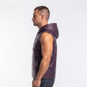 Gilet à capuche sans manches en cuir pour homme avec boutons et poches – Vente en gros de gilets à capuche en cuir sans manches pour homme – Mode masculine - Product Image 3