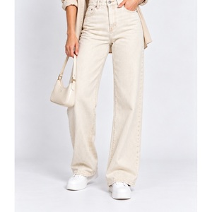 Jean en denim pour femme, taille mi-haute, coupe droite, avec empiècement arrière à volants - Ecru naturel, vente en gros - Product Image 4