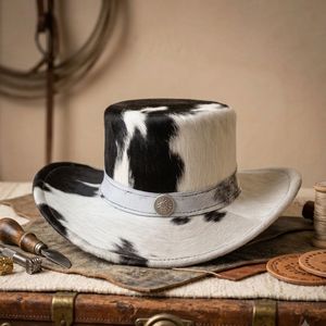 Sombrero de Vaquero de Cuero Genuino Hecho a Mano, Ajustable, Estilo Western, con Pelo de Vaca, para Cosplay, Fiestas Casuales y Uso al Aire Libre - Product Image 3
