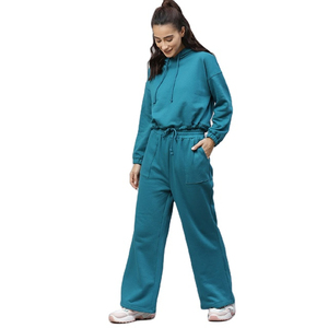 Ensemble de survêtement personnalisé pour femme, vert sarcelle, avec sweat à capuche et pantalon de survêtement à jambes larges, coupe décontractée, deux pièces, style streetwear, fournisseur de marques privées - Product Image 1
