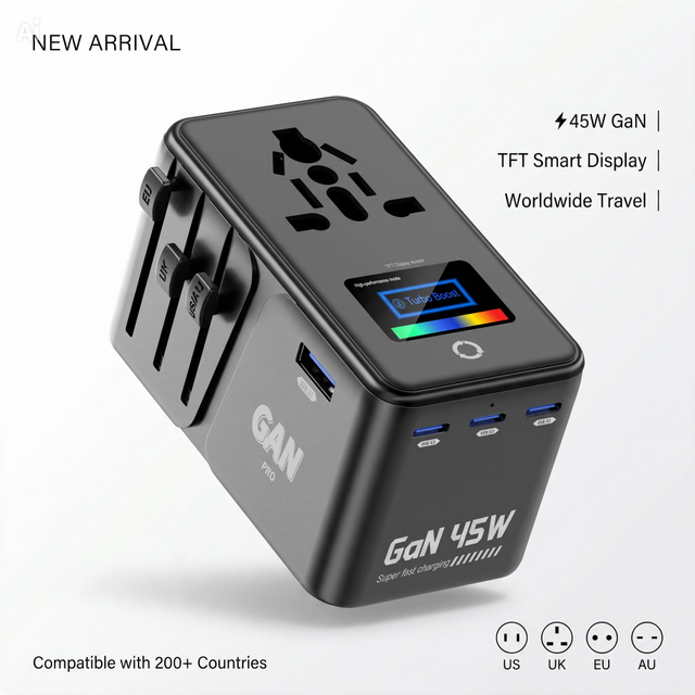 TFT Color Screen 45W GAN International Plug Universal Travel Adapter Mobile Phone Fast Charger with Type C Smart Digital Display