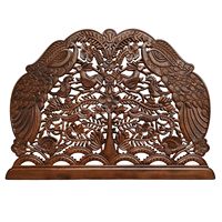 Smart Art Lit Queen Twin XL en bois d'ingénierie, réglable en hauteur, éclairé, fait main, motif paon, finition brun brûlé, avec panneau artisanal