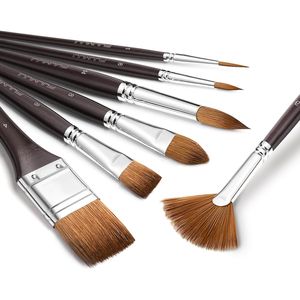 Set Professionale di 7 Pennelli per Acquerello in Pelo di Martora, Forme Assortite: Piatto, Appuntito, Lingua di Gatto, Ovale, Pennello a Ventaglio per Lavaggio, Collezione di Pennelli per Pittura - Product Image 1