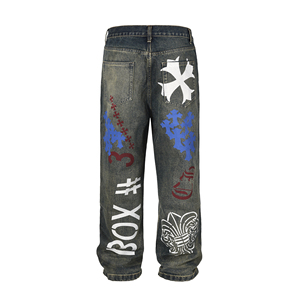Vaqueros holgados con estampado gráfico vintage para hombre, pantalones vaqueros de pierna ancha estilo streetwear, pantalones de mezclilla Y2K hip hop de corte holgado, pantalones acampanados para mujer - Product Image 2