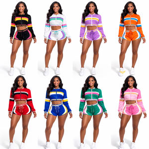 Conjunto deportivo sexy para mujer, top corto y pantalones cortos, conjunto de entrenamiento atlético, chaqueta con cremallera de manga larga y pantalones cortos de cintura alta. - Product Image 3