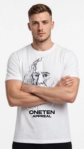 ONETEN APPAREL T-shirt blanc à manches courtes pour homme, col rond, imprimé avec des lignes abstraites de visage - Product Image 4