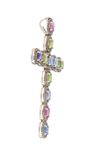 Pendentif Croix avec Pierres Multicolores Serties, Breloque Religieuse, Bijou Unisexe Tendance en Alliage Plaqué Argent - Product Image 3