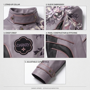 Men Japan Style <b>Real</b> <b>Leather</b> <b>Jacket</b> With Hand Embroidered Floral Pattern Stand Collar Zipper Front - Product Image 6