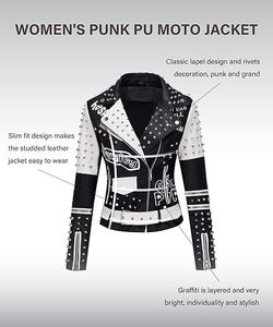 Women Punk Genuine Leather Moto <b>Jacket</b> Relaxed Fit Stoned Design Premium Leather Breathable Winter Full Sleeve Cafe Racer Style - Product Image 3