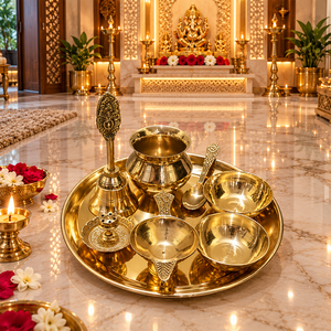 Ensemble traditionnel de thali en laiton pour la puja avec cloche, bols Bhog et cuillères décoratives pour les festivals du temple à domicile et le culte quotidien - Product Image 1