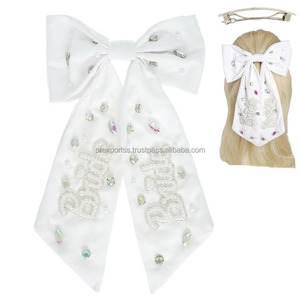 White Satin Bride Beaded Embroidered Hair Bow Bachelorette Party Bridal Shower Wedding Day Accessory <b>Kids</b> Custom Size Fashion - Product Image 2