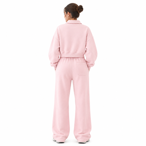 Conjunto de Sudadera y Pantalones Anchos de Pierna Recta con Cuello Polo Rosa Personalizado, Ajuste Relajado, Estilo Lounge, Fabricación OEM de Ropa de Manga Larga Personalizada - Product Image 2