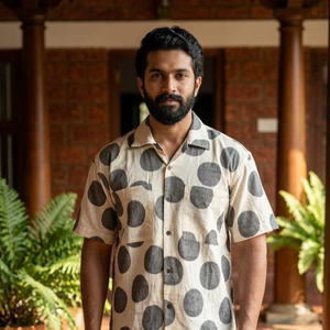 Artisan Handcrafted Men’s <b>Half</b> Sleeve Cotton <b>Shirt</b> with Bold Charcoal Grey Polka Dot Print Ethical Fashion for Modern Men - Product Image 1
