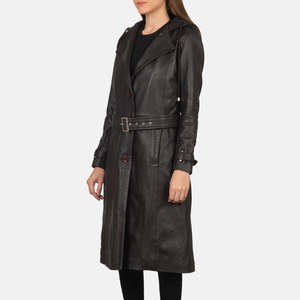 Manteau trench coupe-vent en cuir PU pour femme, style élégant et classique, avec chapeau amovible, vêtement d'extérieur long de qualité supérieure - Product Image 4