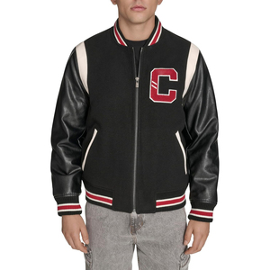 <b>Men's</b> Black Varsity <b>Jacket</b> PU <b>Leather</b> Sleeves Embroidered C Logo Zipper Closure Preppy Style Autumn Wear Regular Fit - Product Image 1