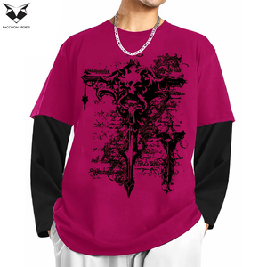 Camisetas de Manga Larga para Hombre, Estilo Nuevo, Tejido Transpirable y Suave al Tacto, Diseño Cruzado Oscuro, Efecto de Dos Piezas, Combinación de Colores Rosa y Negro - Product Image 2