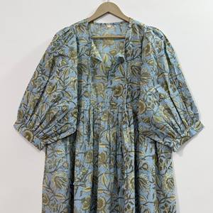 Robe midi décontractée en coton pour femme avec manches ballon - Robe d'été style babydoll taille empire - Tunique ample 100 % coton à col en V - Product Image 1