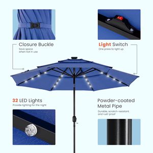 Ombrellone da Patio Solare a 3 Livelli da 3 Metri con 32 Luci LED, Inclinazione a Pulsante e Manovella, Blu Navy - Product Image 5
