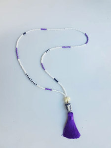 Handmade White Beaded Tassel <b>Necklace</b> Purple Tassel Boho Minimalist Long <b>Statement</b> Jewelry Gift - Product Image 5
