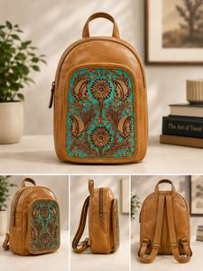 Bohemian Faux Suede <b>Backpack</b> with Turquoise Embossed Floral Panel 13 Inch Unisex Softback Daypack - Product Image 3