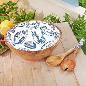 Handmade Wooden <b>Bowl</b> With <b>Blue</b> Floral Design Oriental Style For Food Serving Decorative Dishware - Product Image 6