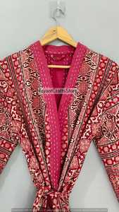 Kimono geométrico estampado en rojo y azul para mujer, manga tres cuartos, largo completo, cuello en V, ropa informal, 100% algodón tejido, ropa de dormir - Product Image 4