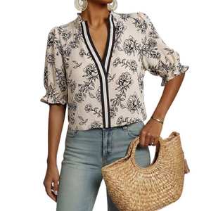 Women's Summer Boho Floral Ruffle Shirt Puff Short Sleeve V Neck Casual Trendy Cute Blouse <b>Tops</b> - Product Image 1