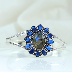 925 Sterling <b>Silver</b> Plated Blue Labradorite Sapphire Sunburst <b>Cuff</b> <b>Bracelet</b> Handcrafted Natural Gemstone Flower Bangle Jewelry - Product Image 6