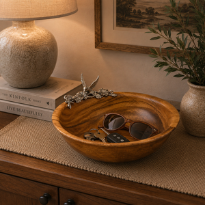 Bol de service artisanal en bois de manguier de qualité supérieure avec finition antique, accents métalliques d'oiseaux et de fleurs, bol décoratif élégant et écologique - Product Image 3