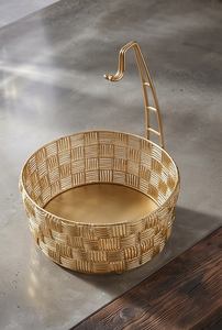 Panier de rangement moderne en fil doré tressé, avec poignée centrale haute, bol en métal ouvert, support de table de cuisine - Product Image 3