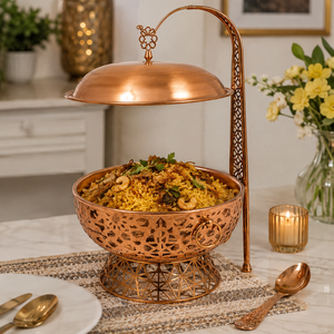 Plat à réchaud suspendu de luxe en cuivre pur avec couvercle, chauffe-plats pour buffet d'hôtel, réchaud de traiteur, bol de service pour banquets de restaurant - Product Image 6
