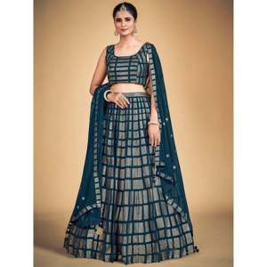 Lehenga Choli de Georgette Bordado en Azul Turquesa para Boda - Product Image 3