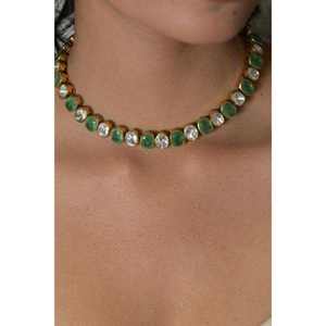 Traditional Indian Bridal Choker Necklace <b>Set</b> With Green <b>Crystal</b> Stones Crafted In Brass And Copper Alloy - Product Image 5