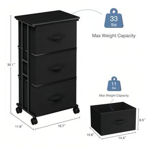 Comò in Tessuto a 3 Cassetti con Ruote, Comodino Mobile Nero, Armadietto Contenitore - Product Image 3